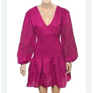 INC International V-Neck Smocked Dress  Pink eyelet Puff Sleeve Ruffle Tiered